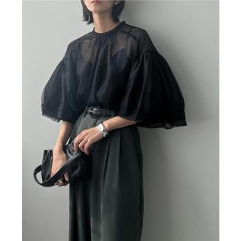 兩件套裝女日系復古時髦歐根紗透視感寬松廓形燈籠袖襯衫+小吊帶