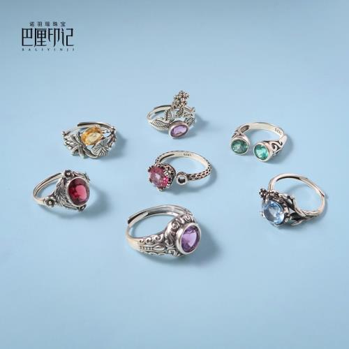 巴厘印記復古系列天然寶石925純銀女款石榴石托帕石橄欖石戒指