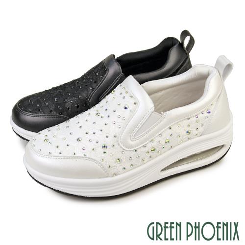 GREEN PHOENIX 女 休閒鞋 懶人鞋 厚底鞋 氣墊 蕾絲 鑽飾 百搭U52-20619