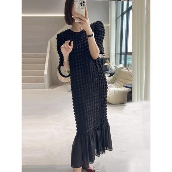 韓國東大門夏季新款韓版高級感氣質華夫格泡泡袖連衣裙法式小黑裙
