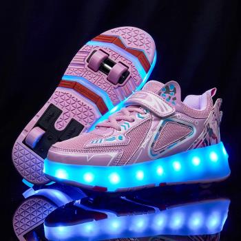 粉色女童四輪驅動暴走鞋充電閃光帶燈鞋中大童溜冰鞋男童輪滑鞋子