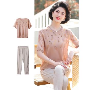 媽媽夏裝套裝上衣服洋氣大碼2024新款中老年女人夏季短袖t恤休閑