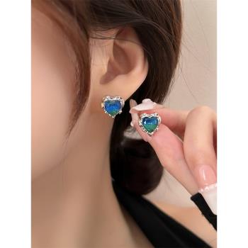 S925銀針藍色多瑙河綠色耳環冷淡風甜酷愛心耳釘小眾設計輕奢高級