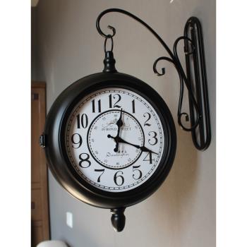 復古鐵藝鐘靜音歐式雙面鐘美式鄉村田園客廳掛鐘工藝時鐘兩面掛表
