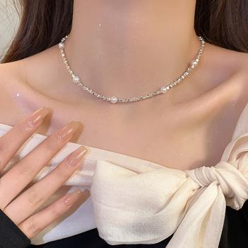 碎銀子珍珠項鏈輕奢鎖骨鏈小眾設計高級感頸鏈2023年新款爆款配飾
