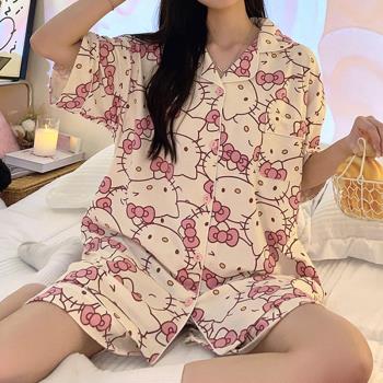 卡通hellokitty凱蒂貓睡衣女夏季短袖可愛學生純棉開衫家居服套裝