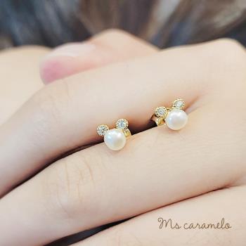 【焦糖小姐 Ms caramelo】925純銀鍍K黃 淡水珍珠耳環(單顆珍珠 鋯石耳環)