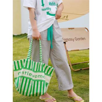 泰國小眾gentlewoman字母條紋帆布包大容量環保單肩購物袋托特包