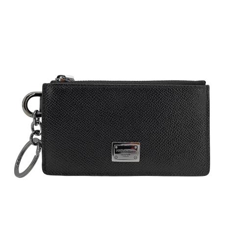 Dolce &amp; Gabbana 粒紋牛皮銀標鑰匙零錢卡片包(黑)