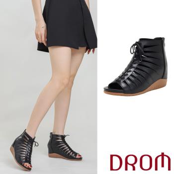 【DROM】涼鞋 坡跟涼鞋/復古幾何縷空繫帶歐美時尚坡跟露趾涼鞋 黑