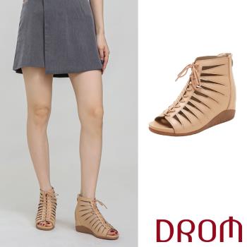 【DROM】涼鞋 坡跟涼鞋/復古幾何縷空繫帶歐美時尚坡跟露趾涼鞋 杏