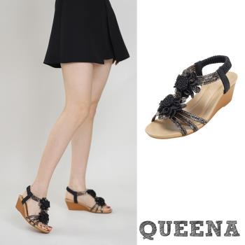 【QUEENA】涼鞋 坡跟涼鞋/波西米亞民族風立體花朵金屬亮皮線條坡跟涼鞋 黑