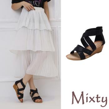 【MIXTY】涼鞋 坡跟涼鞋/閃耀燙鑽縷空交叉歐美時尚坡跟涼鞋 黑