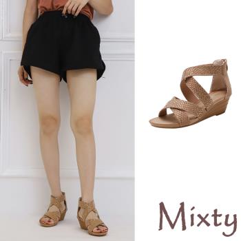 【MIXTY】涼鞋 坡跟涼鞋/閃耀燙鑽縷空交叉歐美時尚坡跟涼鞋 棕