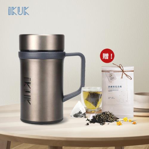 【IKUK 艾可】陶瓷內膽手把保溫杯500ml贈桂花烏龍茶包(10入)-鋼鐵灰(盛裝各種飲品不質變; 桌上型 環保杯 保溫咖啡杯)