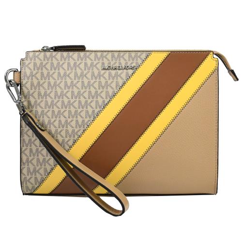 MICHAEL KORS COOPER 品牌印花條紋手提萬用包.卡其/黃