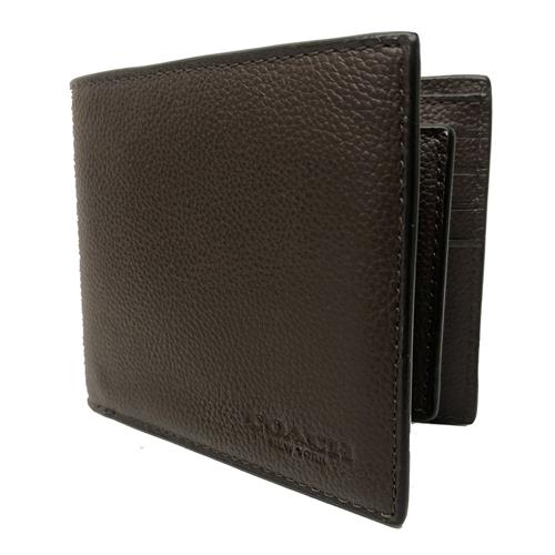 【COACH】素面牛皮 8卡男款短夾附活動證件夾(深咖)