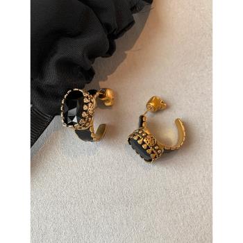 歐美復古黑金色花朵耳環女小眾設計感獨特耳釘夸張中古輕奢耳飾品