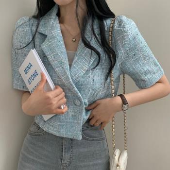 韓國chic小香風泡泡袖粗花呢小眾外套女夏高級感氣質名媛短款上衣