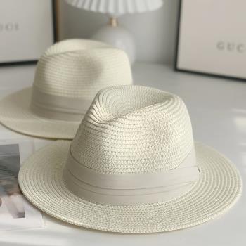 夏季可折疊白色平寬檐男女親子草帽巴拿馬禮帽遮陽帽子情侶沙灘帽