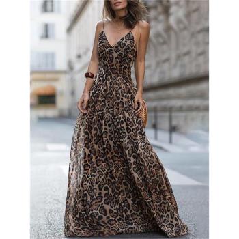 Ebay速賣通歐美風外貿 時尚氣質豹紋印花V領吊帶連衣裙性感長裙子