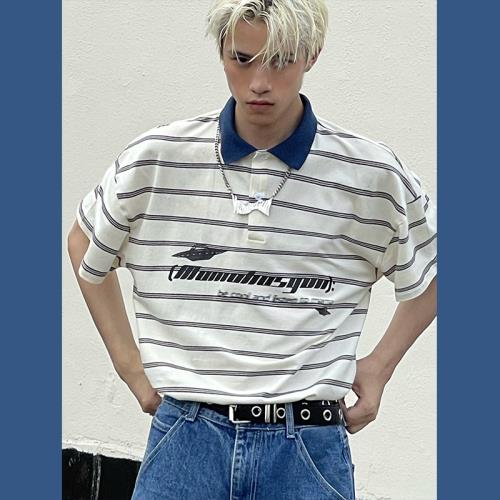 MamaHasGun美式街頭復古樂隊UFO印花logo寬松薄款短袖條紋polo