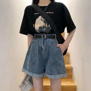 高腰a字寬松遮肚顯瘦牛仔短褲