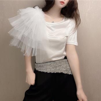 韓版氣質網紗飛飛邊短袖t恤女裝2023夏季新款時尚設計感顯瘦上衣