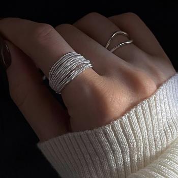多層線條纏繞戒指女極簡冷淡風個性時尚S925銀開口指環ins食指戒