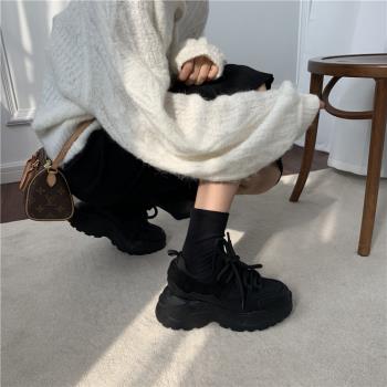 牛皮版！厚底休閑鞋2024秋季鬆糕底老爹鞋女黑色運動鞋樂福鞋網紅