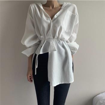 設計感不對稱系帶襯衫女2023春季韓國ins寬松單口袋白色長袖襯衣