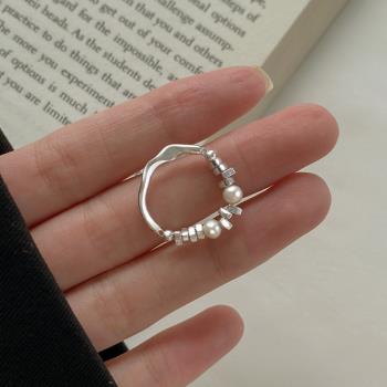 925純銀碎銀子珍珠戒指女輕奢小眾設計感指環食指高級感素圈戒子
