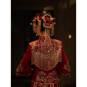 中式新娘發飾紅色絨花流蘇眉心墜古典造型飾品秀禾服盤發古風頭飾