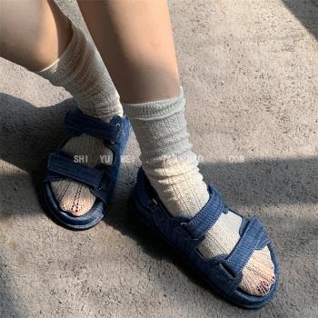 飾與美2023春夏季新款平底厚底一字帶魔術貼牛仔布時尚個性涼鞋女