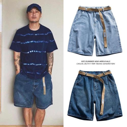 余文樂工裝牛仔短褲男款潮牌日系復古做舊水洗直筒百搭寬松五分褲