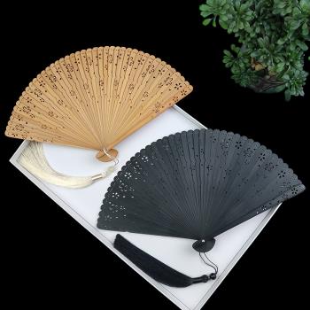 全竹折扇古風女式扇子日式和風櫻花鏤空折疊扇隨身古典黑色舞蹈扇