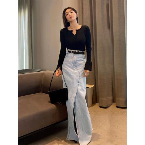 秦嵐同款高腰水洗淺藍色魚尾毛邊做舊牛仔裙半身裙女長款裙子開叉