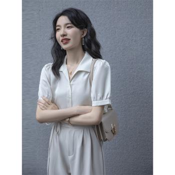 法式高階感上衣V領白色短袖襯衫女夏季新款翻領雪紡衫小個子襯衣