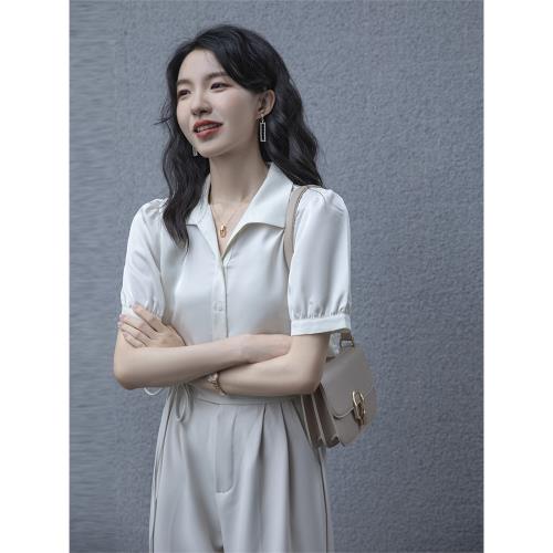 法式高級感上衣V領白色短袖襯衫女夏季新款翻領雪紡衫小個子襯衣