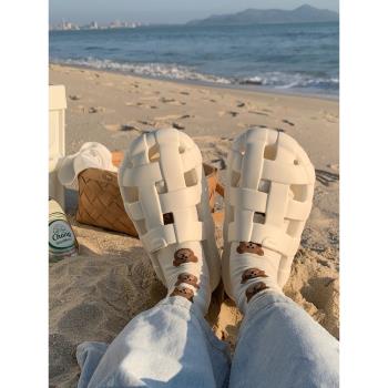 細細條 休閑時尚鏤空包頭涼拖鞋男女夏時尚外穿防滑eva海邊沙灘鞋