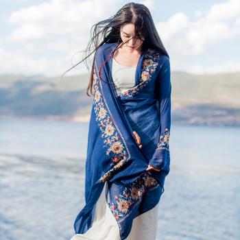 春夏季刺繡民族風圍巾大西北茶卡鹽湖披肩女兩用絲巾旅游拍照麗江