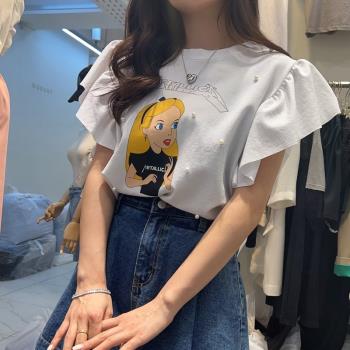 韓國東大門2023夏季新款寬松甜美卡通人物珍珠荷葉袖T恤女上衣