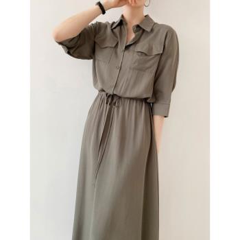韓國chic夏季新款設計感法式休閑口袋寬松抽繩系帶收腰連衣裙長裙