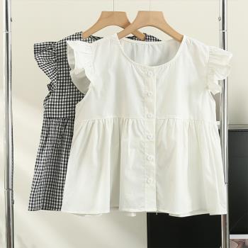 韓版減齡荷葉邊小飛袖襯衫女裝2023夏季新款小個子短款娃娃衫上衣