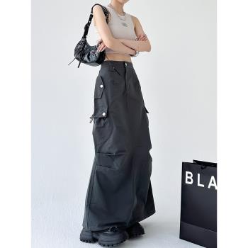 工裝半身裙女裝2023夏季新款別致顯瘦黑色設計感中長款開叉裙子