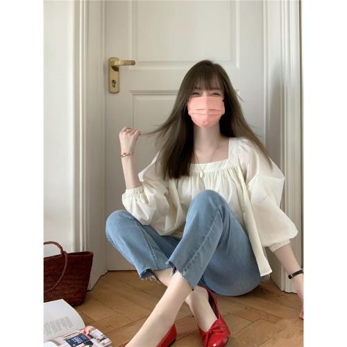法式鎖骨方領襯衫女早春洋氣漂亮小衫寬松遮肚子娃娃衫七分袖上衣