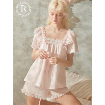 RoseTree公主風睡衣女款夏季純棉短袖蕾絲甜美純欲風家居服套裝