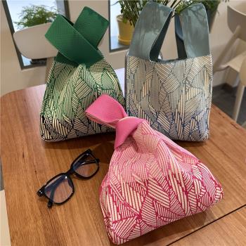 韓國ins小眾設計拼色幾何針織手提袋敞口休閑編織手拎包托特包女