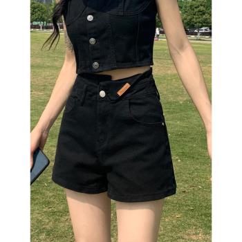 高腰顯瘦黑色牛仔褲子女小眾設計感夏季薄款寬松闊腿短褲2023新款