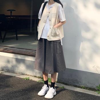 自制日式工裝傘裙女文藝日系學生復古百搭側口袋高級灰a字半身裙